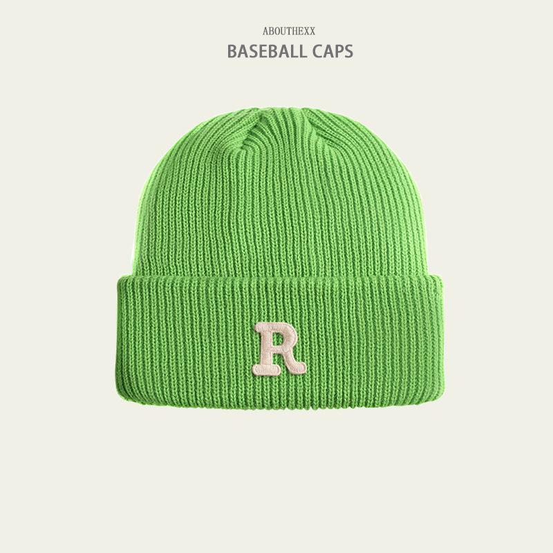 Hats for Women's Autumn and Winter New Warm Knitted Hat Korean Version Versatile R Letter Wool Hat Couple Head Hat Men's Trend