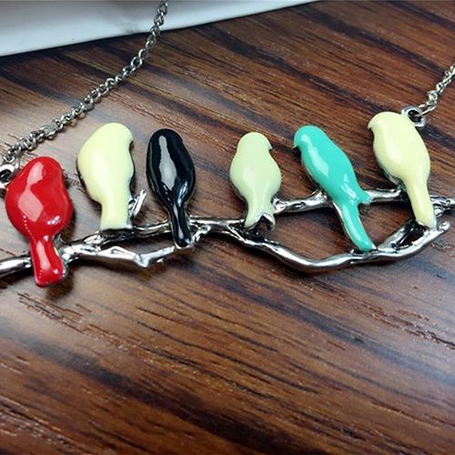 Cute Animal Lovely Pendant Six Birds On Branch Women Long Jewelry Chain Necklace AVE