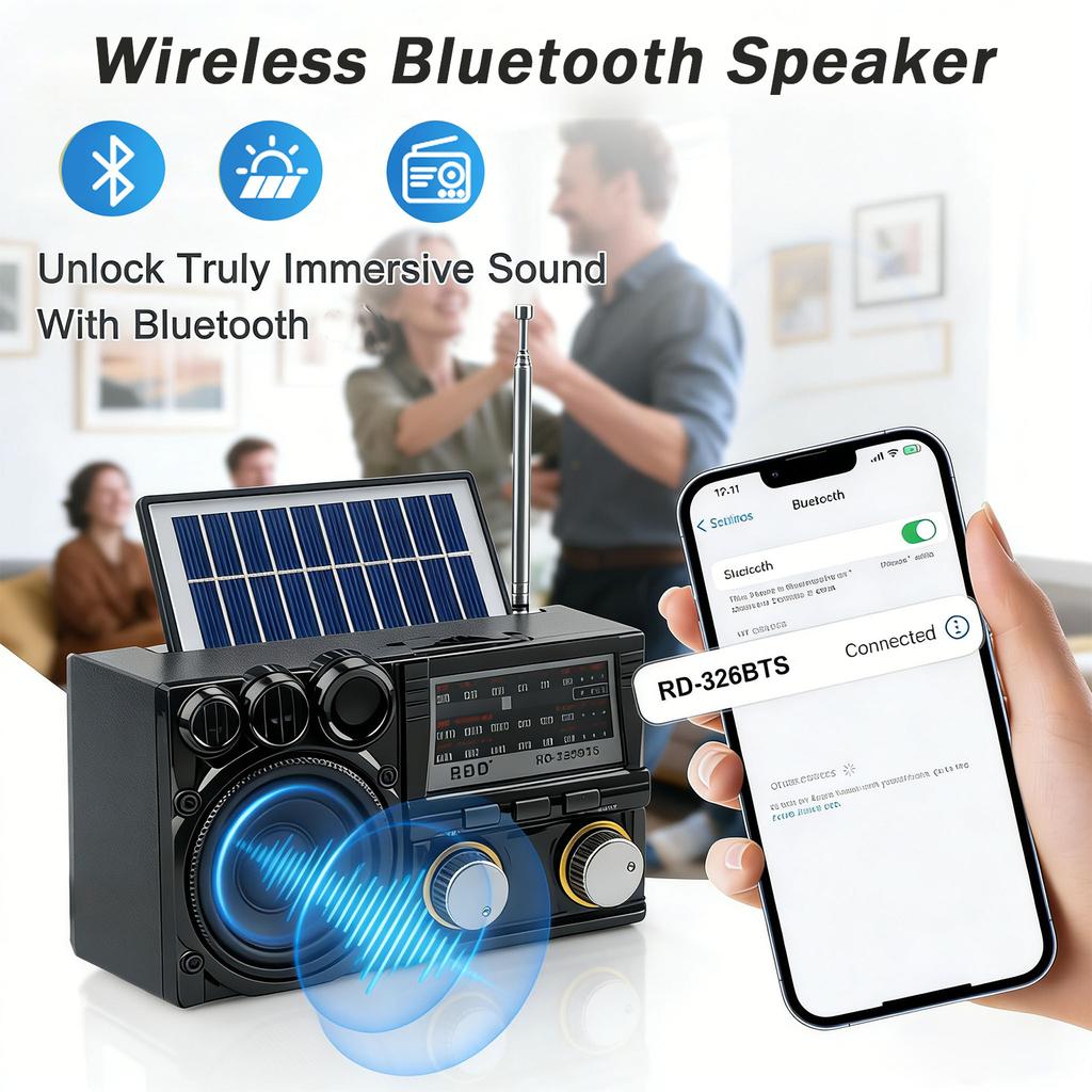 Radio Portátil FM AM SW Radio Solar Receptor de Radio Altavoz Bluetooth Tarjeta TF Unidad USB Reproductor de Música MP3 Batería Recargable