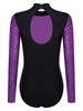 Glänzender Pailletten-Gymnastik-Leotard für Damen, Kontrastfarbe, Langarm, Rücken Ausgeschnitten, Einteiliger Body, Eiskunstlauf-Bekleidung