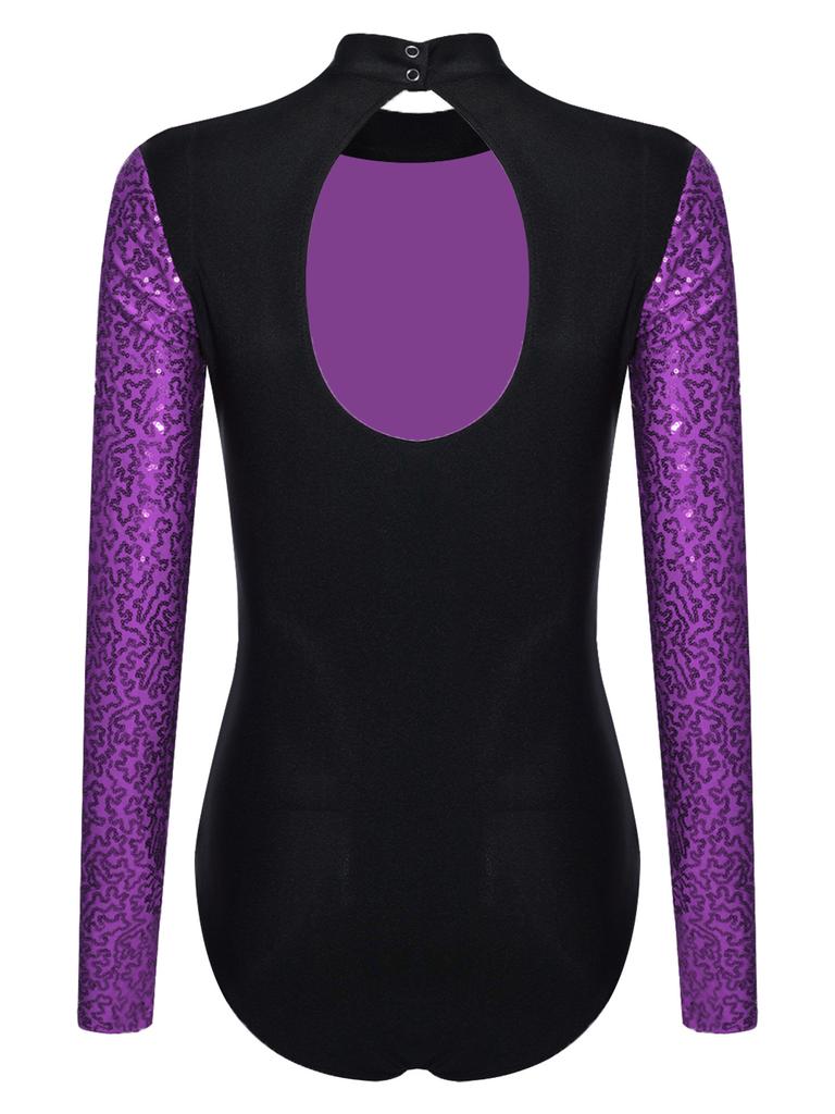 Glänzender Pailletten-Gymnastik-Leotard für Damen, Kontrastfarbe, Langarm, Rücken Ausgeschnitten, Einteiliger Body, Eiskunstlauf-Bekleidung