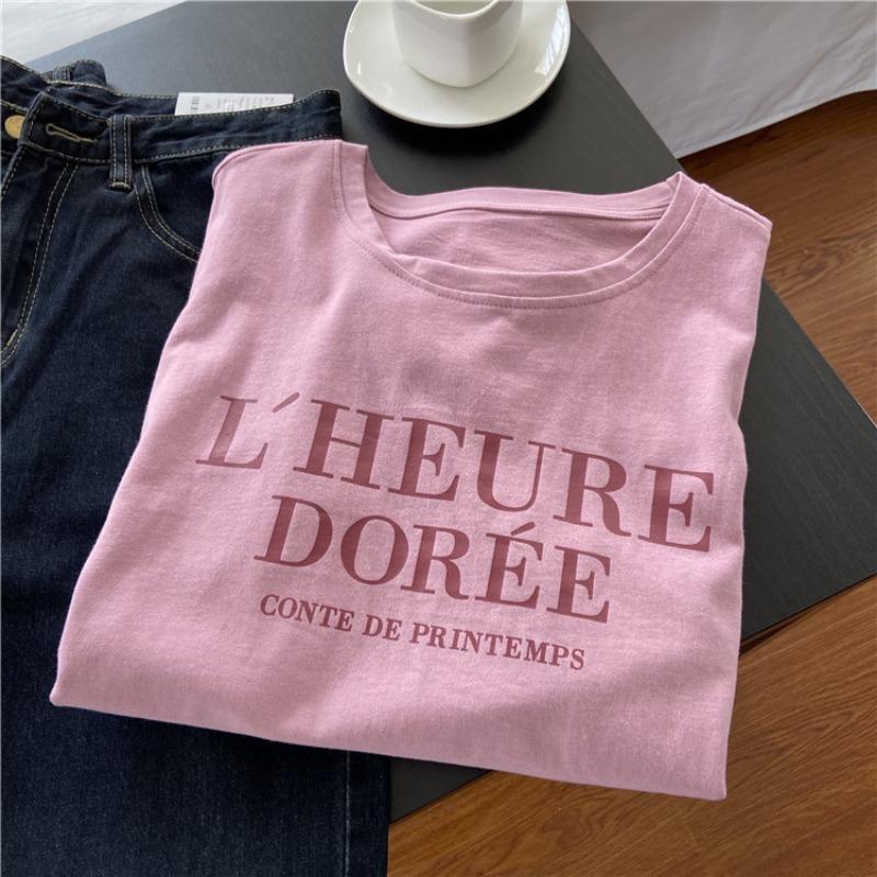 Pink Short Sleeve T-shirt Women's Loose Casual Round Neck Letter Print Thin Large Size Summer Top