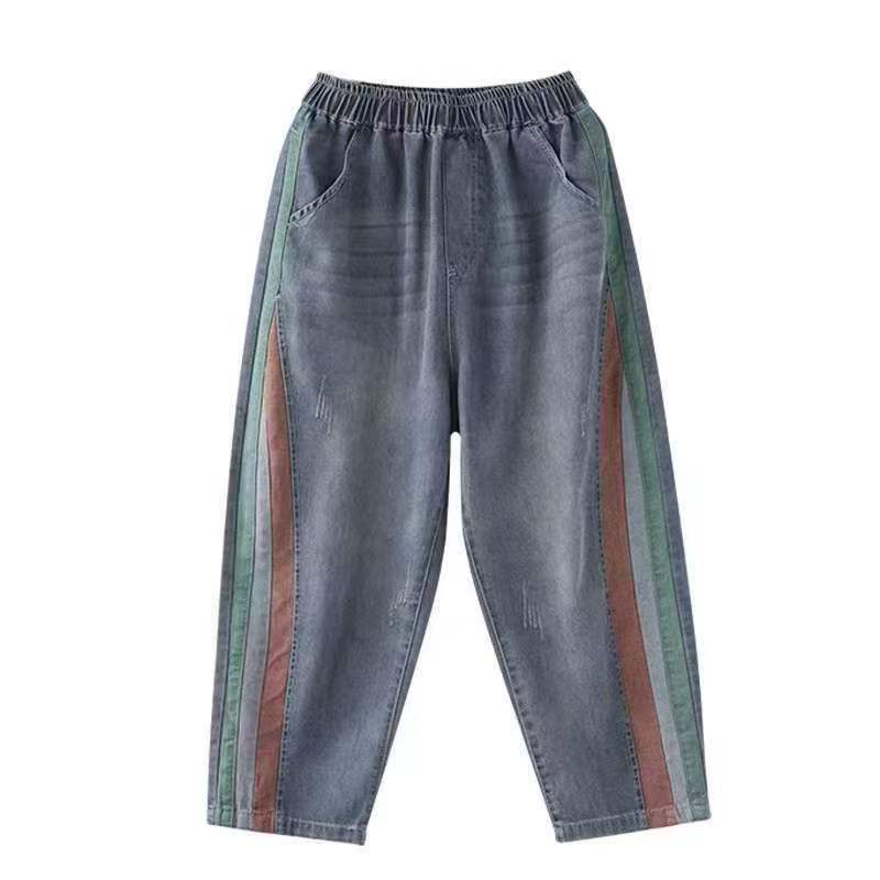 Patchwork Color - Blocking Denim 9 - Point Pants for Women, Retro - style, Summer Thin Model, Elastic and Loose, Casual Harem - style Jeans