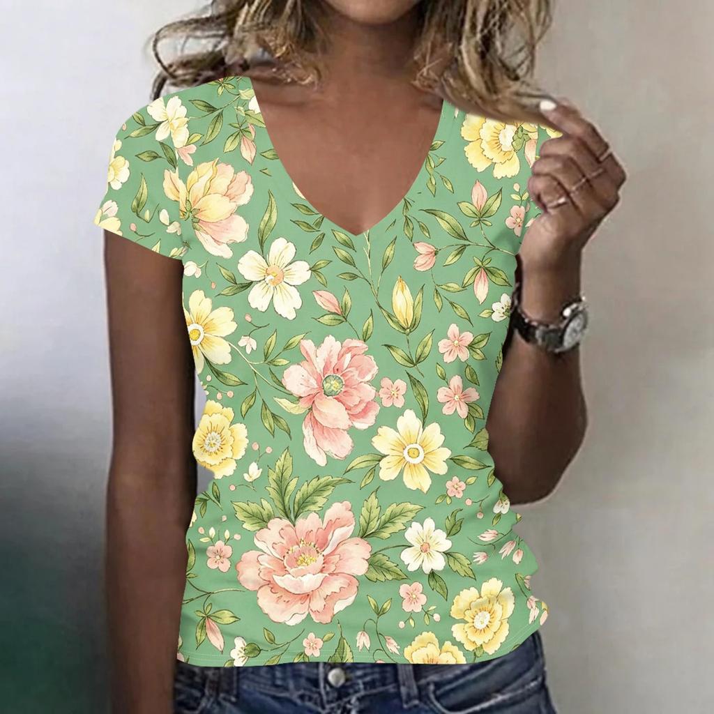 Camiseta Floral de Manga Corta con Cuello en V para Mujer, Informal, Holgada, Ligera, Pulóver para Uso Diario, Oficina, Escuela, Viajes
