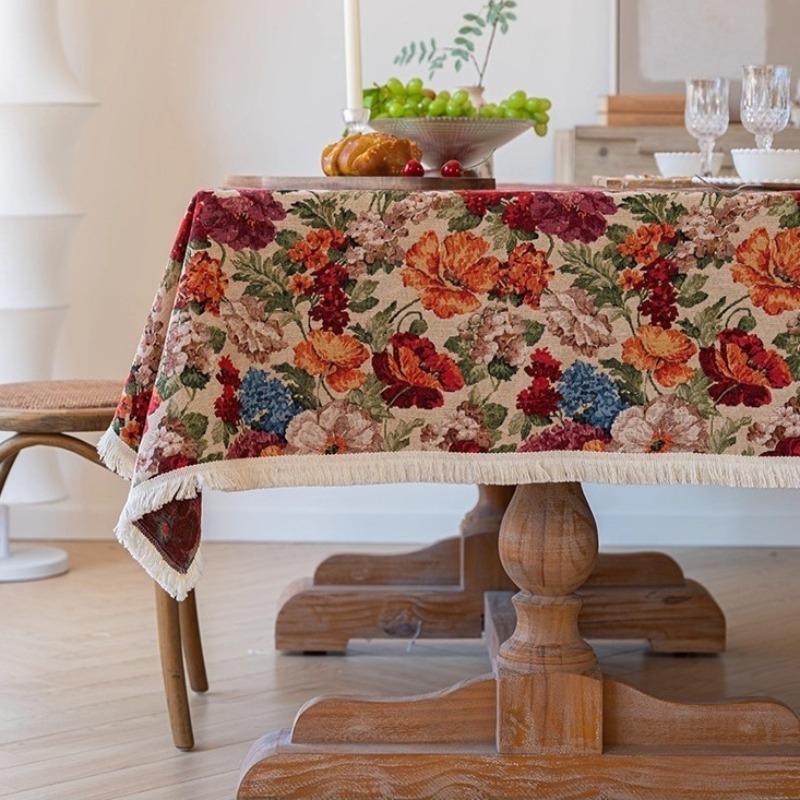 American Retro Country Tablecloth with Beige Tassel Rectangle Coffee Table Dining Table Cover Decorative Cloth for Festivals