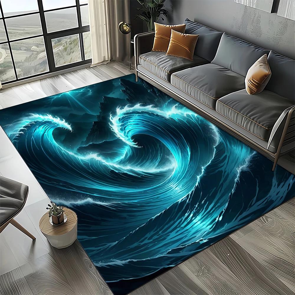 2025 New Style Blue Green Sea Wave Seawater Nature 3D Carpet Rug for Living Room Bedroom Home Sofa Decoration,Non-slip Floor Mat