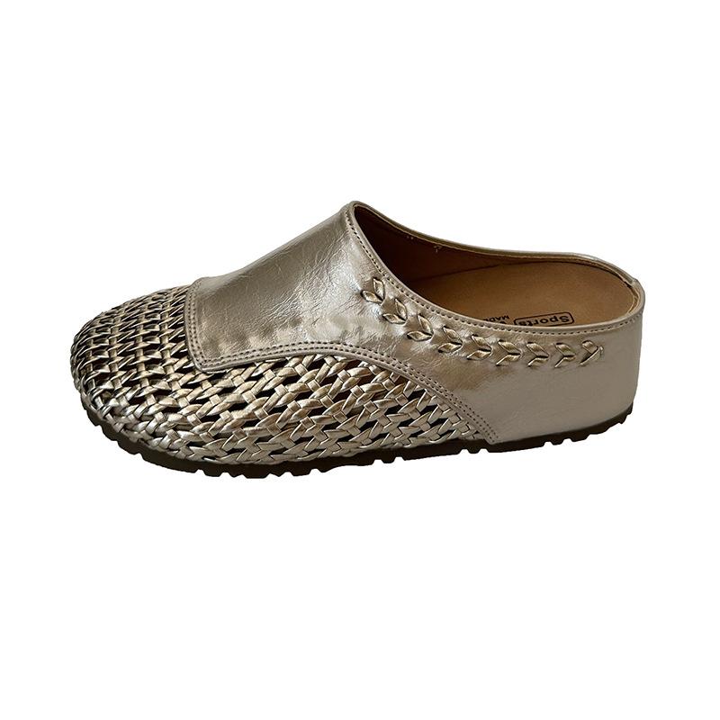 

Baotou half slippers women s summer outer wear 2025 new fashion thick bottom inner height increase hollow woven one pedal sandals 35 золотой