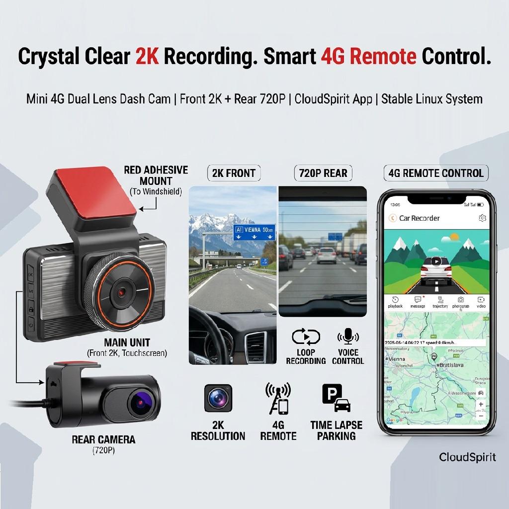 4G 2K Dual-Lens Dash Cam, 3-Inch Screen, WiFi, GPS Tracking, Remote Live Video Via Phone, 12-24V Power Supply, Car Camera