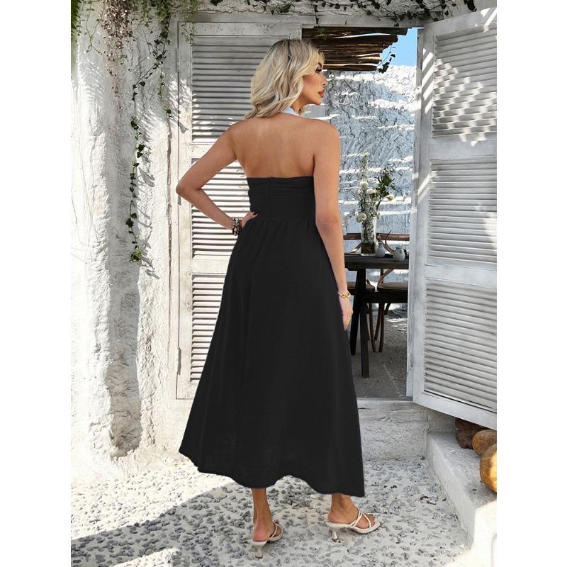 Women Vacation Style Solid Color High Waist Sleeveless Hanging Neck Long Dresses