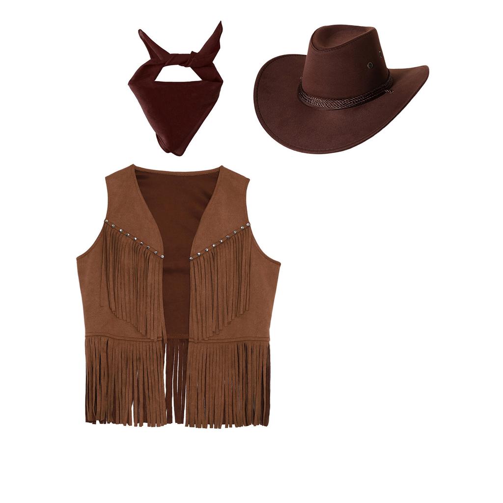 Unisex Kinder Cowgirl Kostüm Offene Weste Brustnieten Quasten Fransen Saum Weste Filz Cowboyhut Quadratisches Halstuch Set