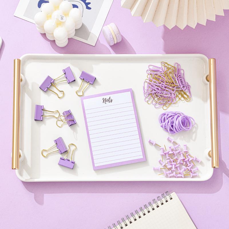 Macaroon-Color Stationery Set: Paper Clips, Stapler, Rubber Bands, Lined Notebooks, Thumbtacks, Push Pins, and Binder Clips.