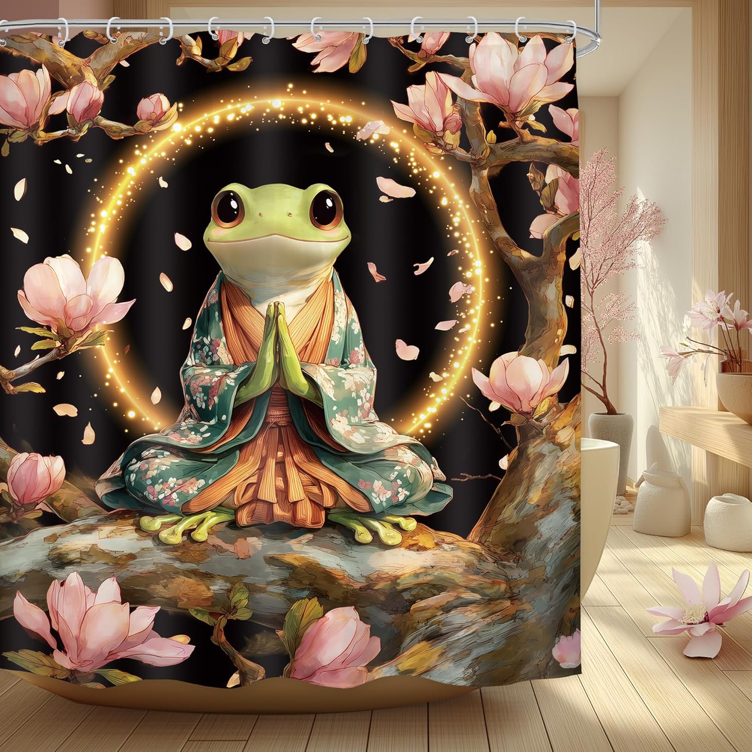 

Zen Frog Shower Curtain Japanese Kimono Meditation Art Cherry Blossom Design Black Background Waterproof Fabric Bathroom Decor W60H190(CM)-1 Pcs