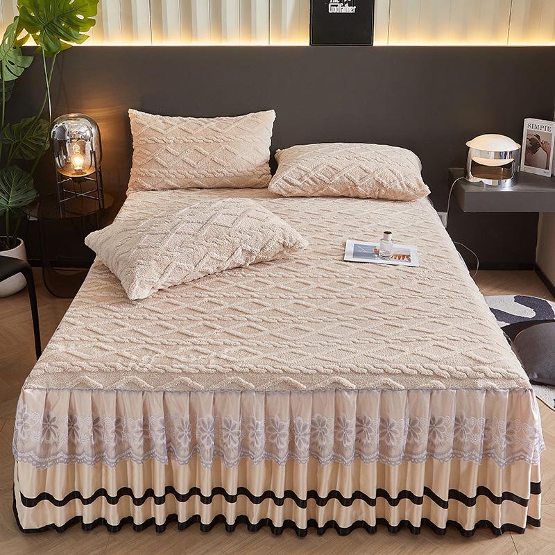 Thickened Taffeta Bed Skirt Set: Korean Style Lace Bedspread & Mattress Cover (3-Piece, Solid Color)