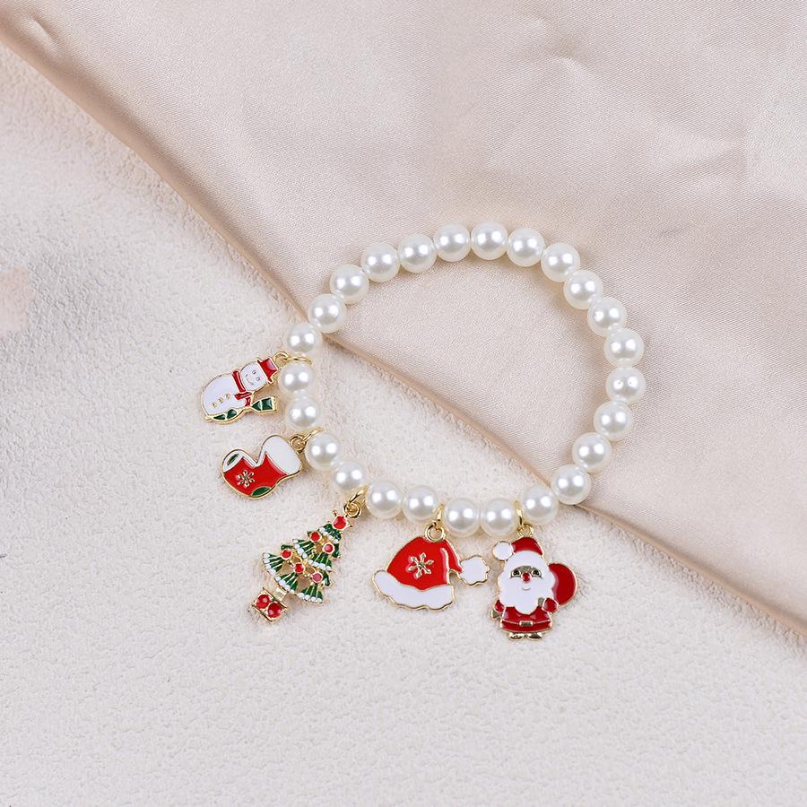 Cross-Border Cartoon Christmas Faux Pearl Reindeer and Snowman Elastic Beaded Bracelet with Bow Gift