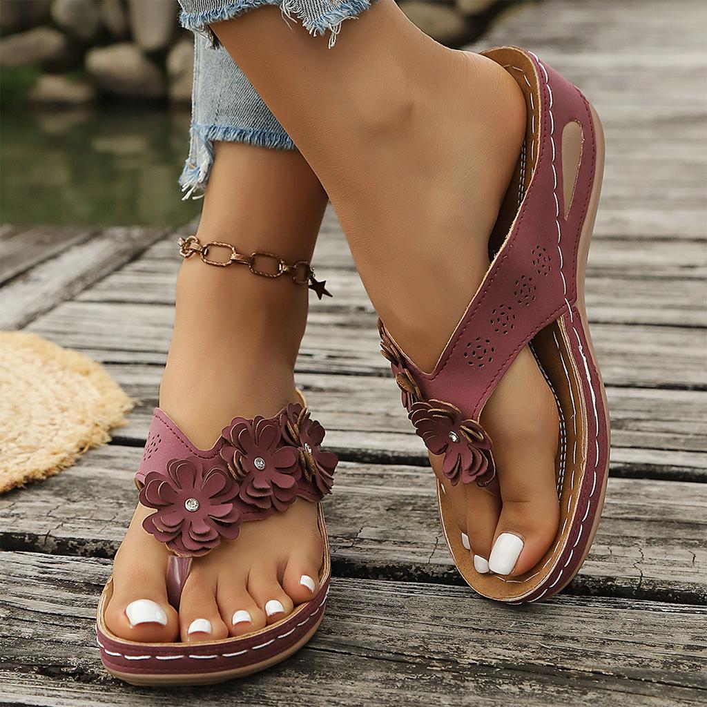 Women's Summer Wedge Flip Flop Sandals Slip On Toe Post Floral Design Comfortable Casual Footwear for Outdoor Indoor Use
