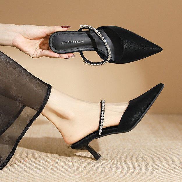 2025 New Summer Women's Rhinestones Shallow Mouth Pointed Head High Heel Single Black Sexy Bag Head Rear Empty Half Drag One-word Belt