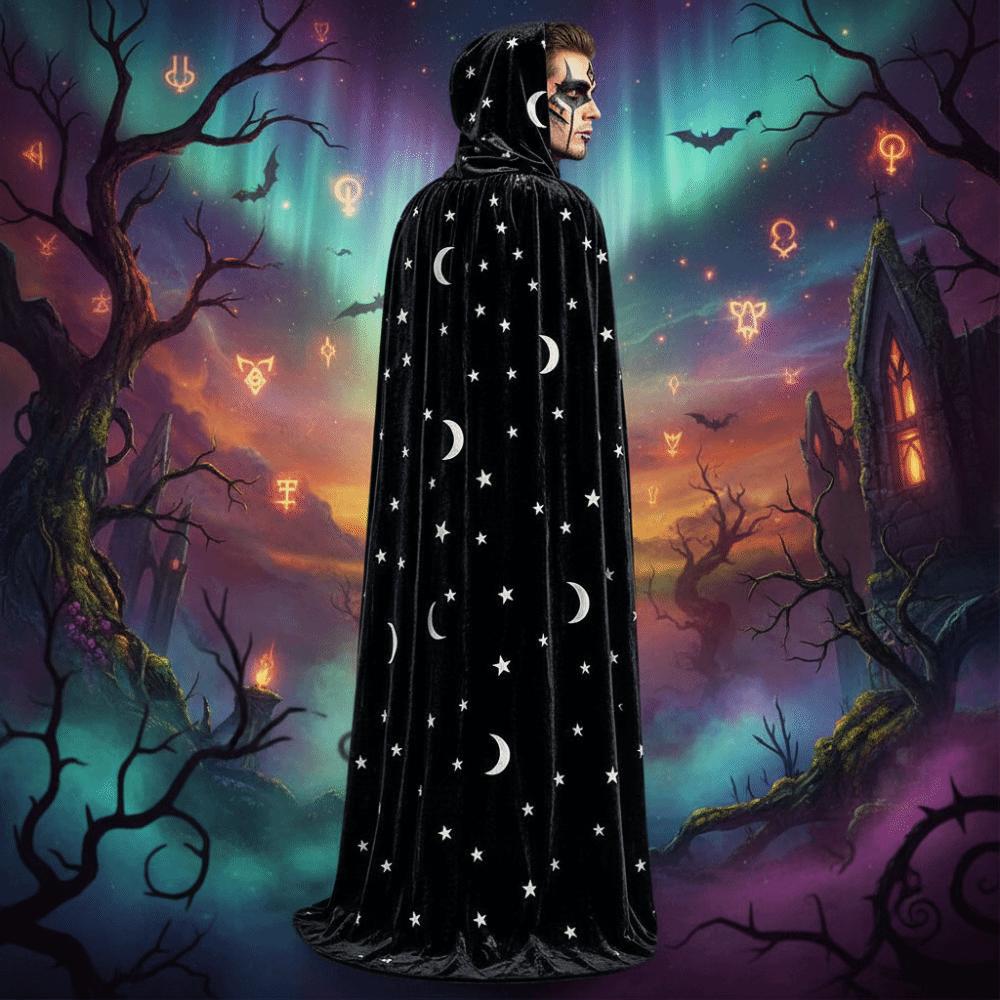 Tie Up Closure Star Moon Cape Soft Fabric Gothic Party Apparel Velvet Hooded Cloak Fantasy Fans