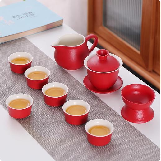 10pcs/set Red Ceramic Tea Set Household Beauty Tea Infuser Red Gaiwan Handmade Filter Teapot Chinese Ceramic Tea Accessories