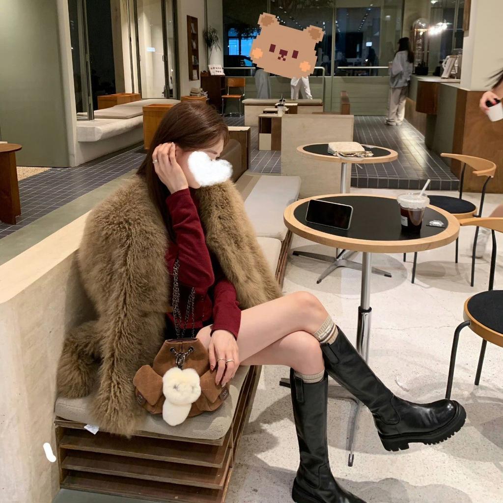 Cowhide version~ pleated leather thick-soled stacked boots women's rear zipper thick heel muffin tall knight boots long boots