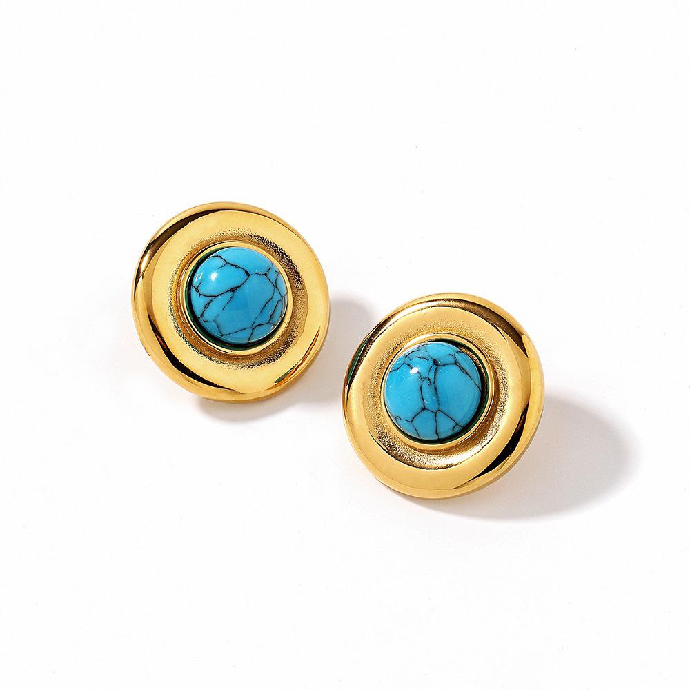 Ying Tai Turquoise Inlaid Stainless and Titanium Steel Stud Earrings, High Polish, Non-Fading, Vacuum Plated 18k Gold.