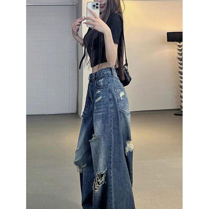 American Korean Style Retro High Waist Loose Ripped Wide-Legged Denim Female Stylish Niche Style Mop Trousers Trendy Summer