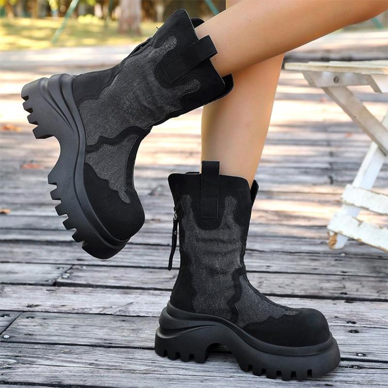 Fashion Retro Zipper Up Black Khaki Women's Boots Autumn Winter High Heel Platform Ankle Boots Woman Anti Slip Wedges Botas Mujer