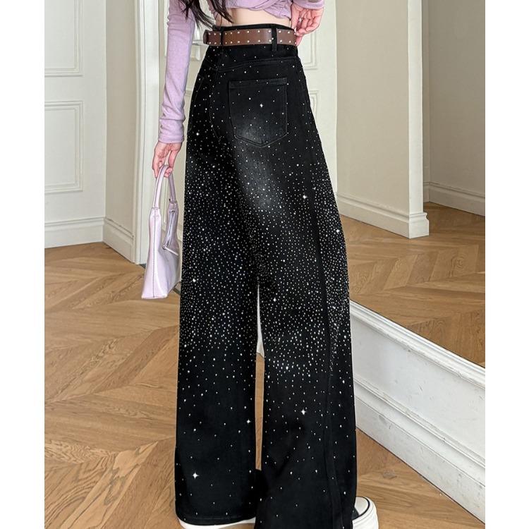 Women Rhinestone Pants  Fashion Stretchy Wide Leg Palazzo Trousers Korean Style