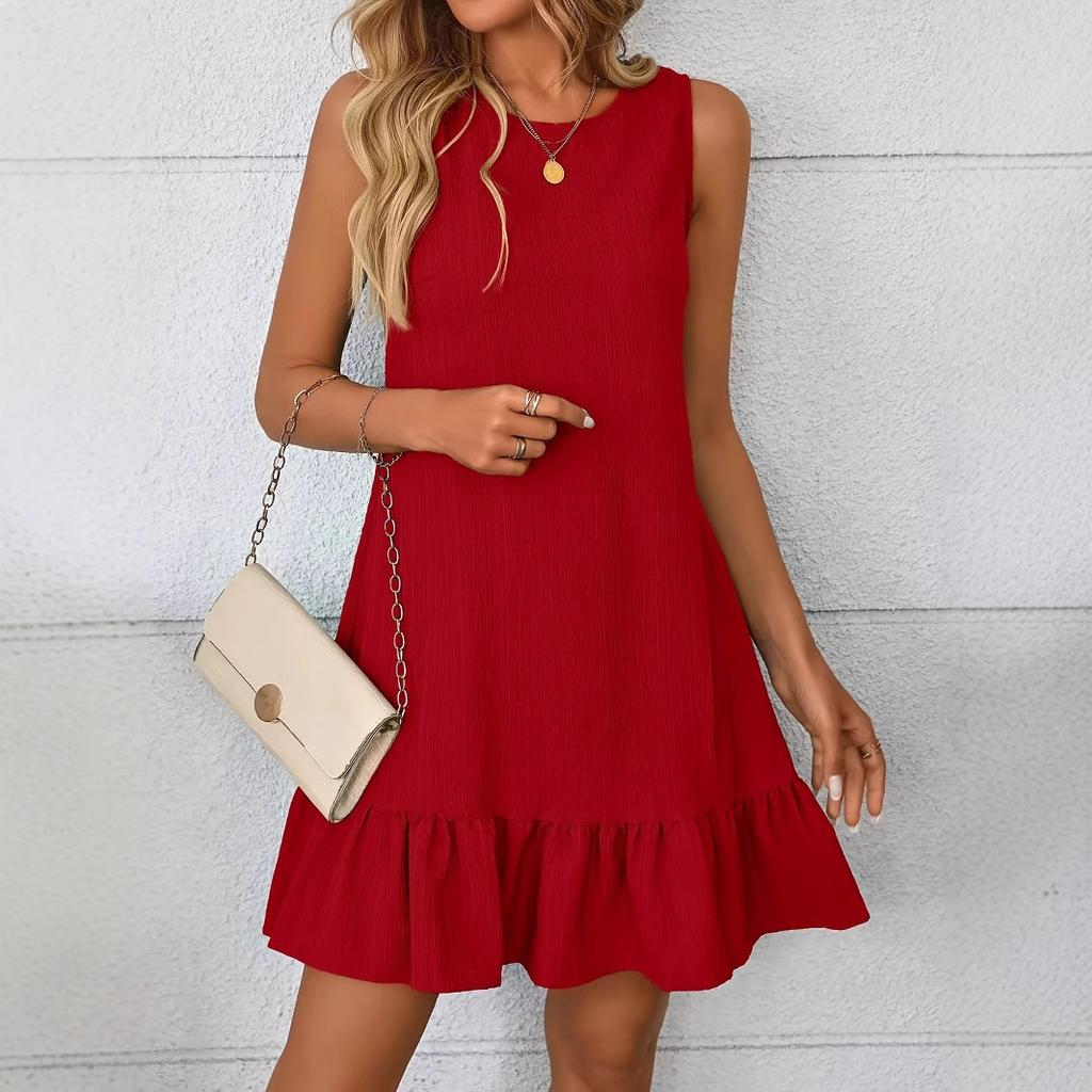 Summer Women O-neck Sexy Beach Sundress Solid Ruffle Dress Sleeveless Sweetheart Mini Tank Dress Elegant Green Pink Dresses