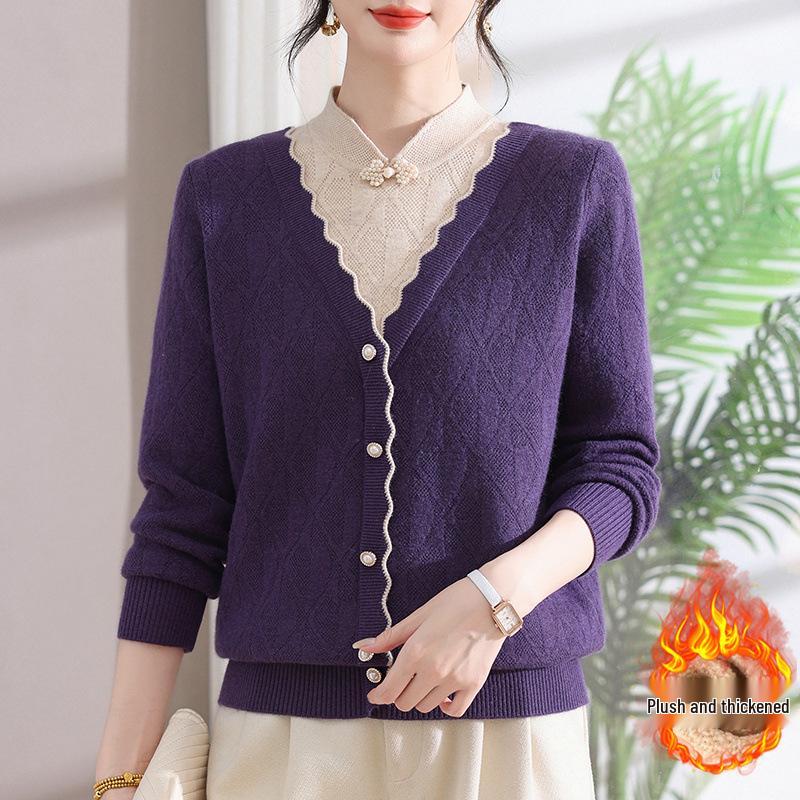 Mom's Winter Velvet Qipao Collar Sweater: Two-Piece Top for Middle-Aged and Elderly Women
