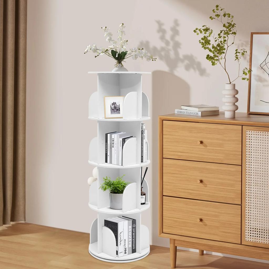 Bymaocar 4 Tiers Bookshelf 360° White Bookcase Furniture,Nordic Style Freestanding Storage Shelf Display Rack 100kg Capacity Bew