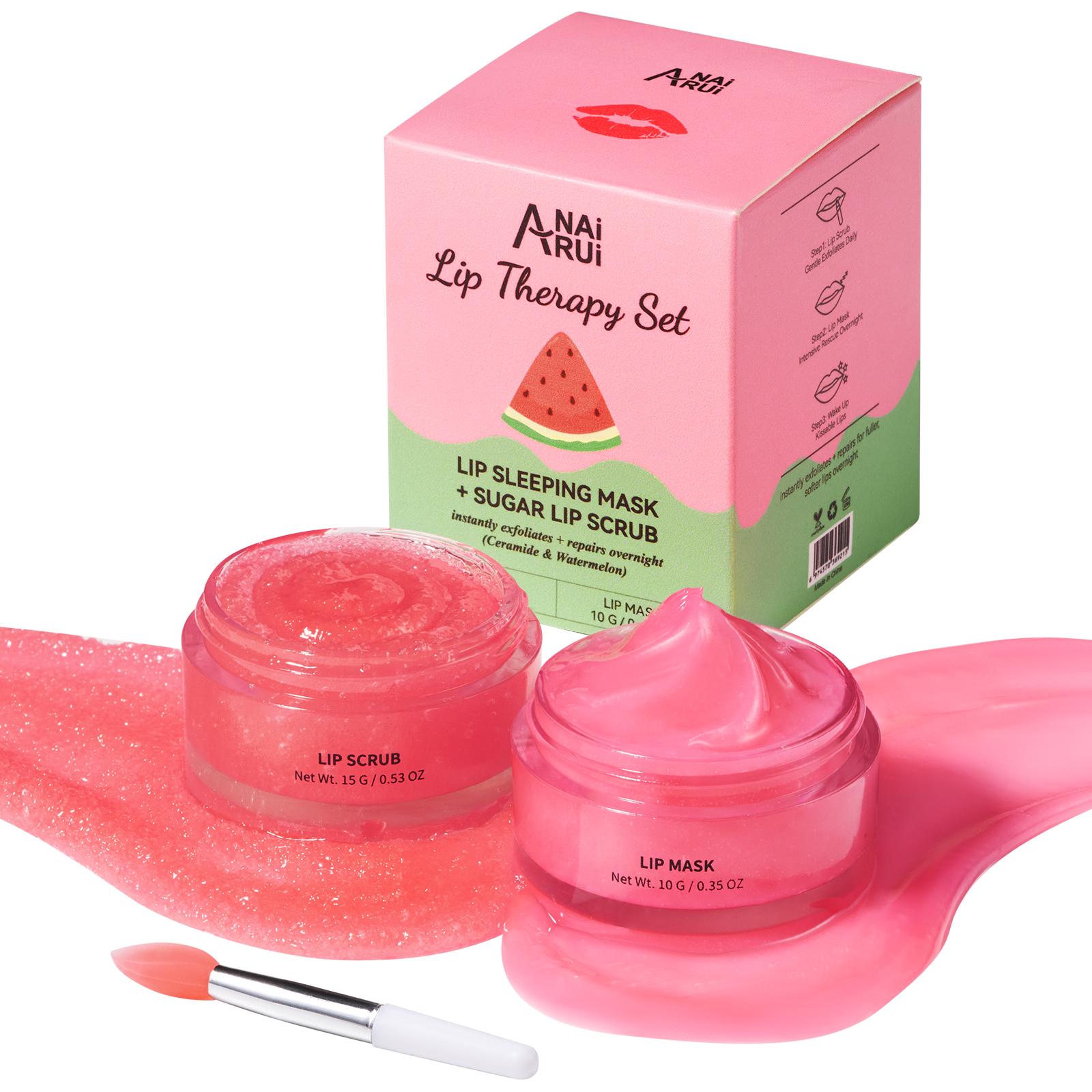ANAiRUi Grape & BakuchiolCeramide & Watermelon Lip Scrub & Lip Mask Set, Overnight Hydrating Plumping Lip Treatment for Dry Dark Chapped Lips 30g