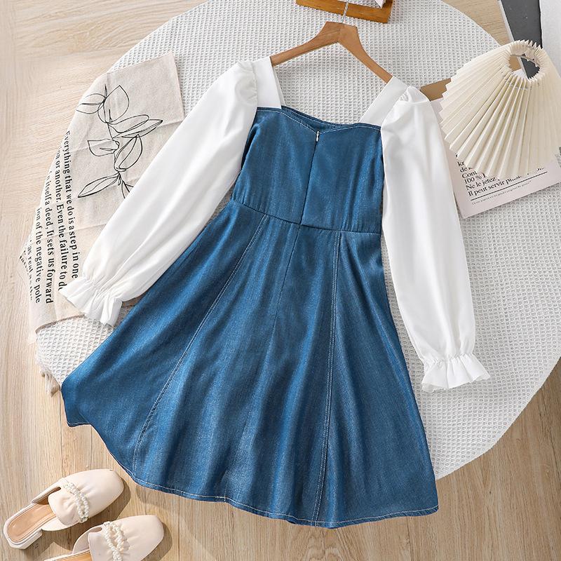 Girls Dress for Children's Clothing 2025 Autumn Square Collar Bow Long Sleeve Splicing Denim Skirt for Girl