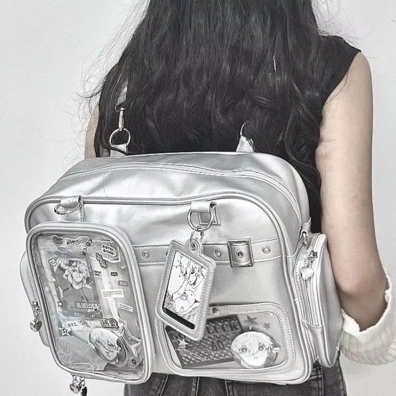 

New Y2K Cute Ita Bag Concert Large Capacity Shoulder Bag Lolita Girl Transparent Backpack DIY Badge Display Casual Crossbody Bag 34x25x11cm срібний