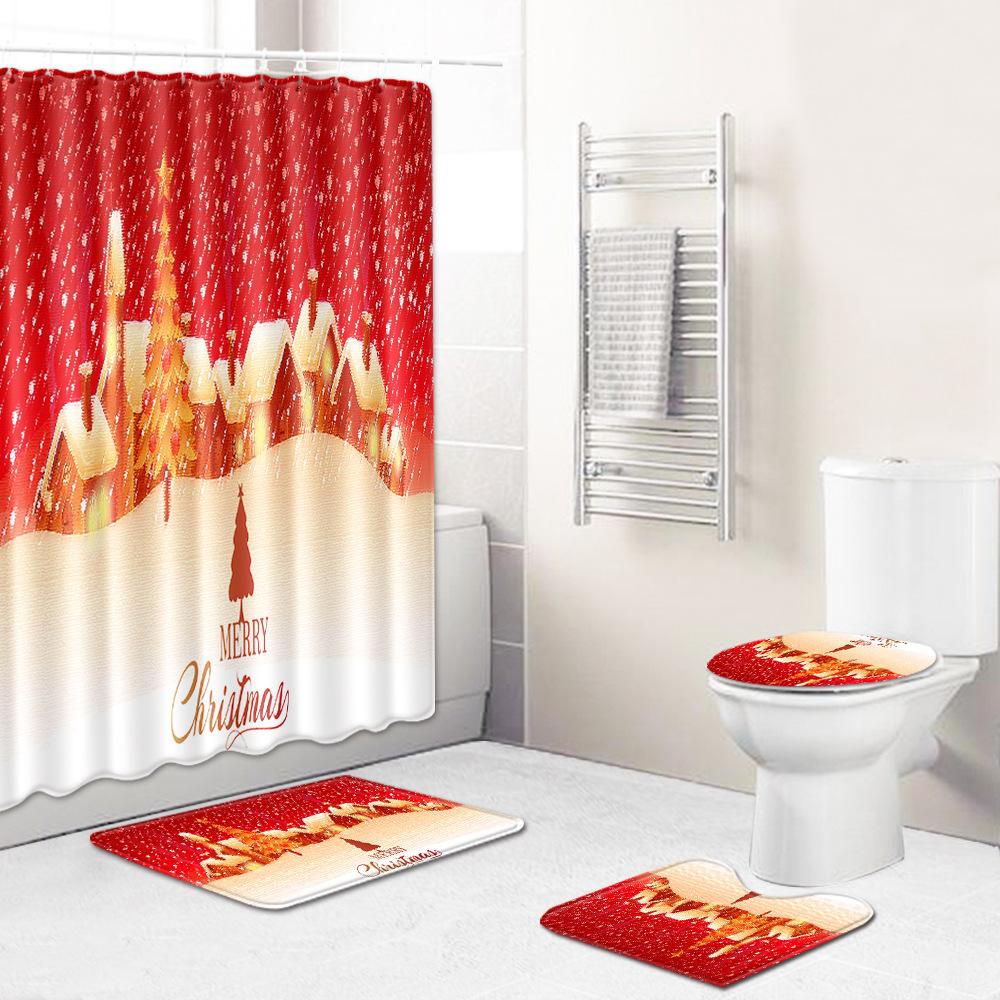 Christmas Home Door Mat Bathroom Shower Curtain Floor Mat Combination Four-Piece Set Bedroom Living Room Carpet