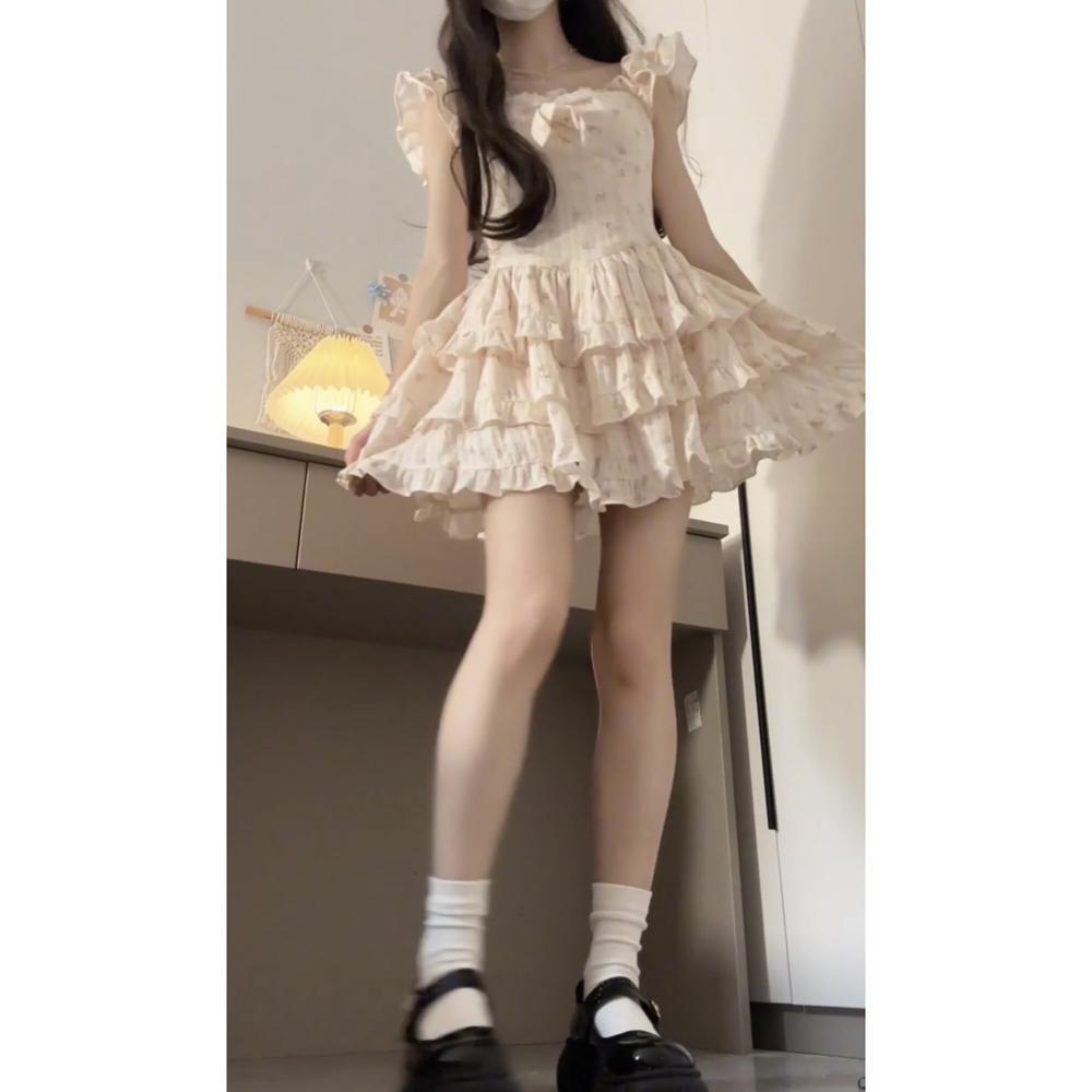Girly Sweet Floral Small Flying Sleeve Lace Gentle and Sweet Wind Casual Cake Waist Puffy Dress