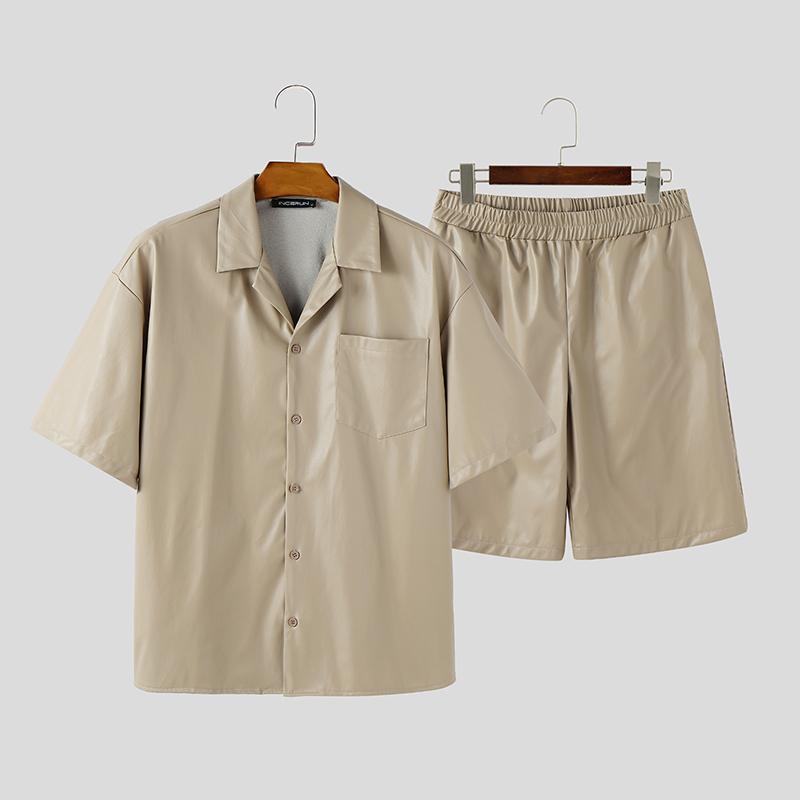 

INCERUN Две части Мужские летние рубашки с коротким рукавом из гладкой искусственной кожи с лацканами, шорты, повседневные комплекты XL хаки