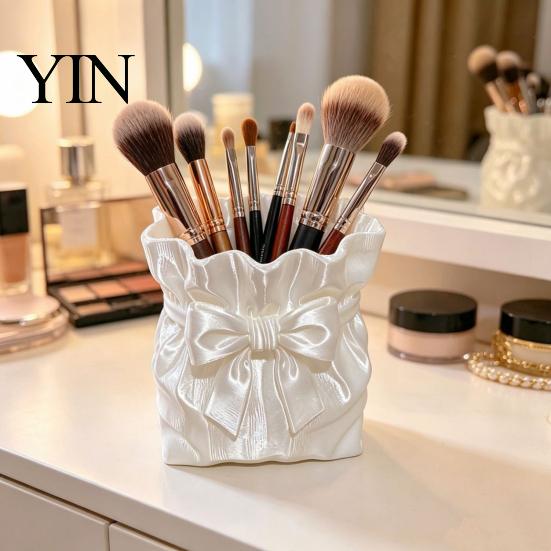 Dressing Table Brush Holder Satin Bow Bag Makeup Holder, 3D Printed Beauty Tool Organizer for Desk, Large Bowknot Pouch Pencil Storage Container