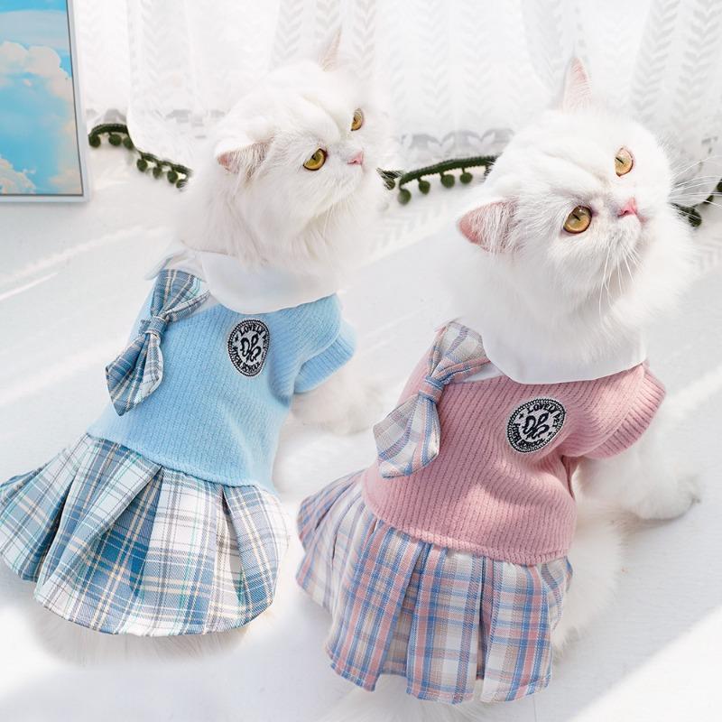 Pet Autumn and Winter Dog Woolen Checkered Cat Dress Small and Medium-sized Dog Teddy Dog and Cat Clothes