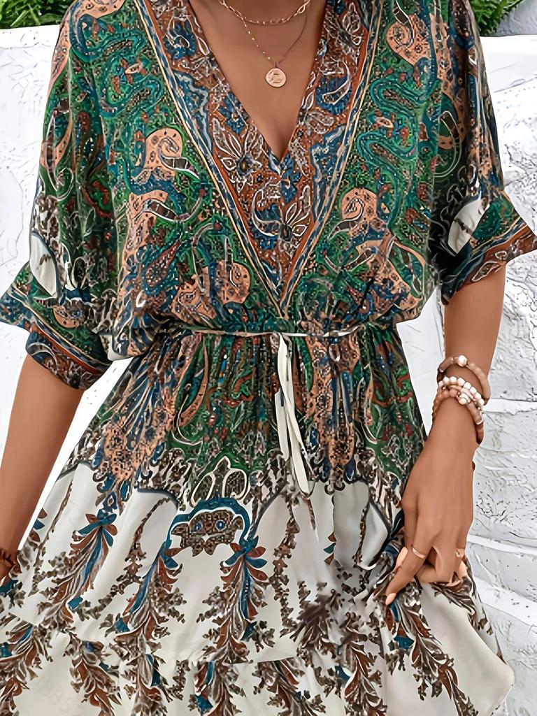 Retro Bohemian V-Neck Backless Batwing Sleeve Dress for Vacations (European & American Style, 2025)