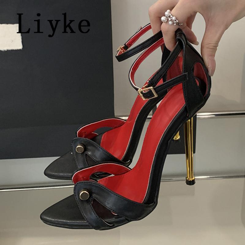 Móda Liyke Sexy Kovová Dekorace Úzký Pásek Špičatá Špička Červené Vysoké Podpatky Sandály Dámské Párty Společenské Boty Kotníkový Pásek Sandalias Mujer
