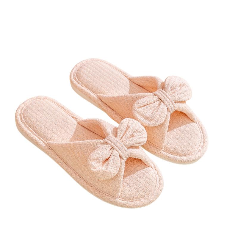 Elegant Hairy Slippers Bow Knitted Cotton Home Slippers Cute Girls Open-toe Couple Sandals Slippers Female Home Shoes Slippers Pink