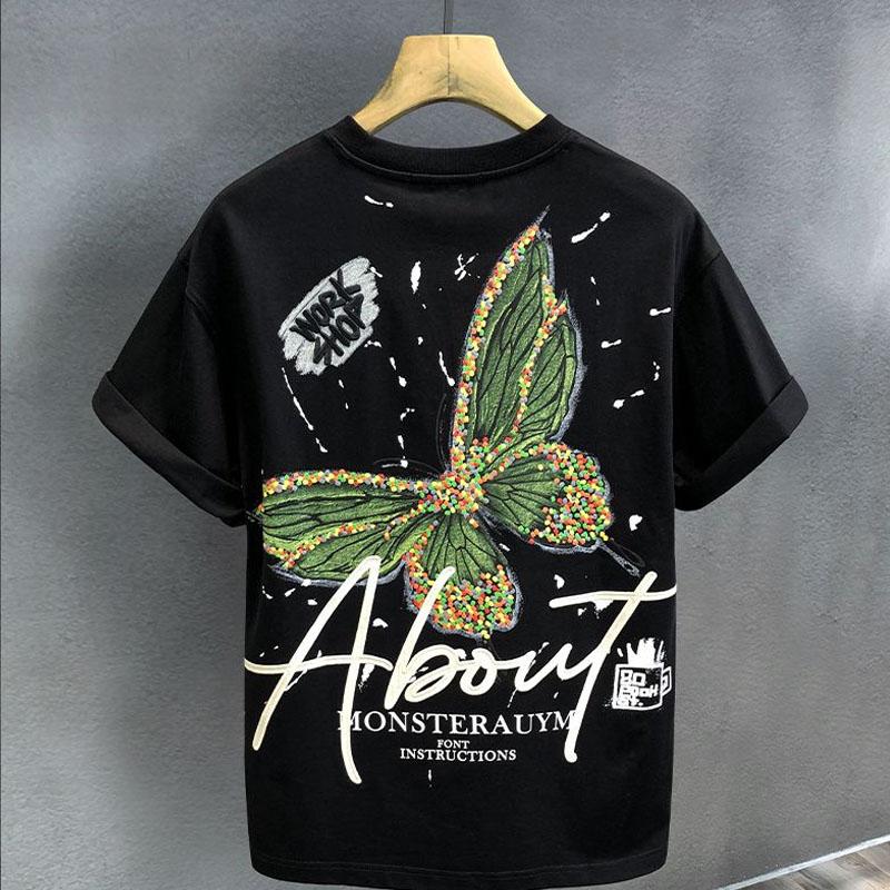 

Футболка мужская с коротким рукавом из чистого хлопка повышенной плотности с принтом Butterfly Advanced Sense Новые топы Свободная футболка с рукавом до локтя на каждый день XXXL чёрный