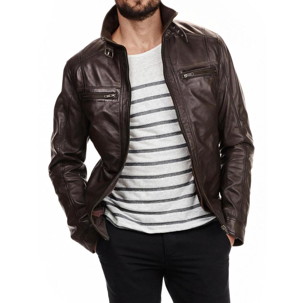 SkinOutfit Men's Genuine Lambskin Brown Leather Jacket Stylish Motorcycle Bomber Biker Outerwear MJ 84
