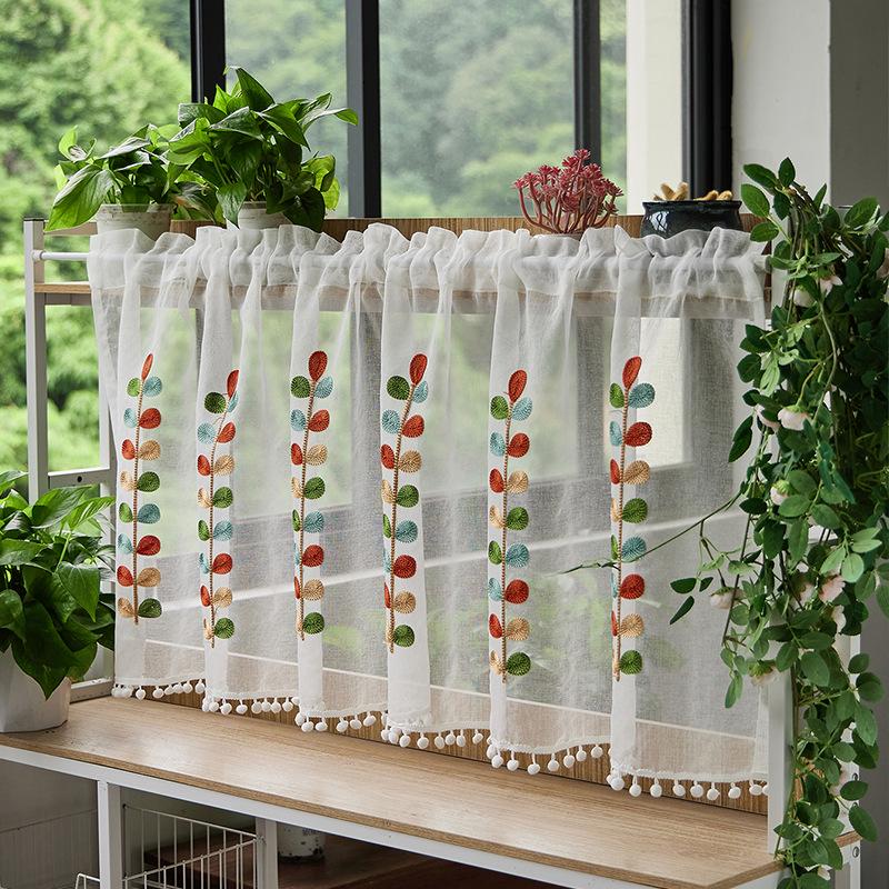 Double Layer High-End Embroidered Kitchen Cabinet Blackout Café Curtain