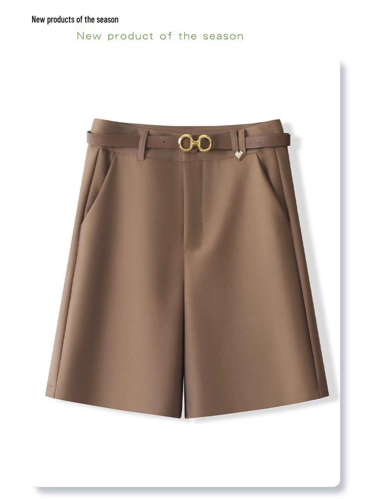 Dámské khaki šortky s vysokým pasem a širokými nohavicemi - Zeštíhlující střih do A, Perfektní na jaro a podzim 2024