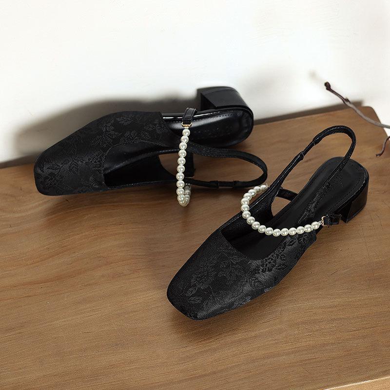 Fairy Wind Square Head Thick Heel with Bag Head Sandals  Summer New Small Fragrant Wind Pearl Mary Jane Shoes