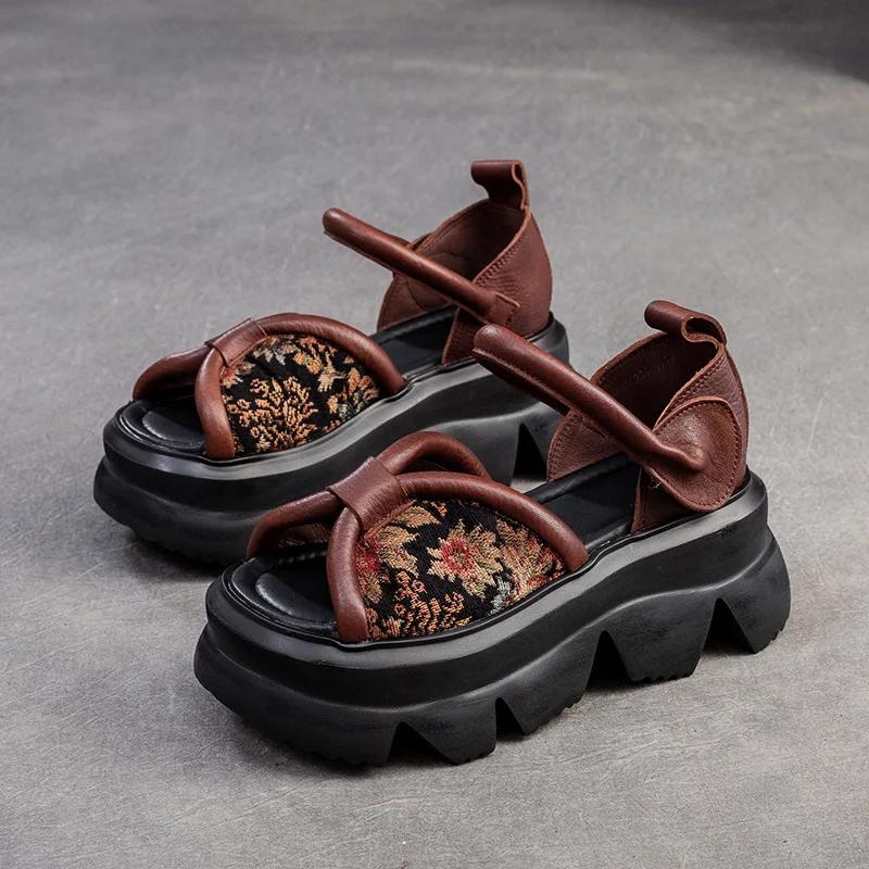 Fashion 7CM Stretch Fabric Women Sandals Cow Genuine Leather Platform Flats Chunky Sneakers Elastic Moccasins 2025 Fashion Natural Shoes