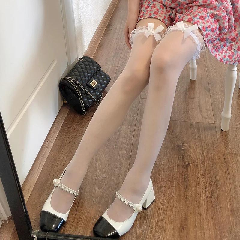 Weiße Damenstrümpfe, sexy Spitzenschleife, lange Socken, Kniestrümpfe, Oberschenkelhohe Strümpfe, süße Mädchenstrümpfe