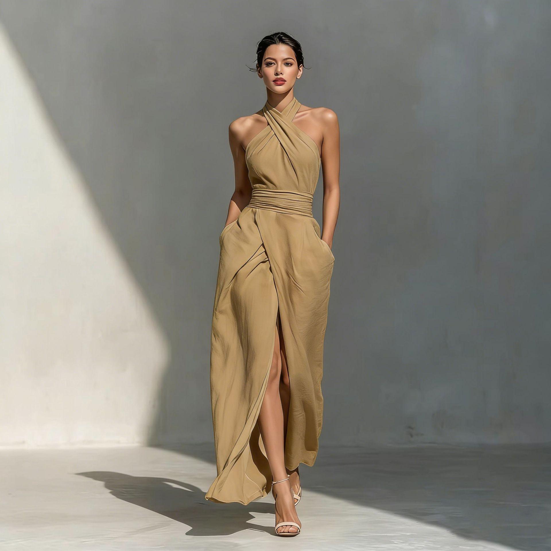 

Women s Halter Cross Wrap Slit Maxi Dress With Pockets Elegant Evening Party Long Dress 2XL