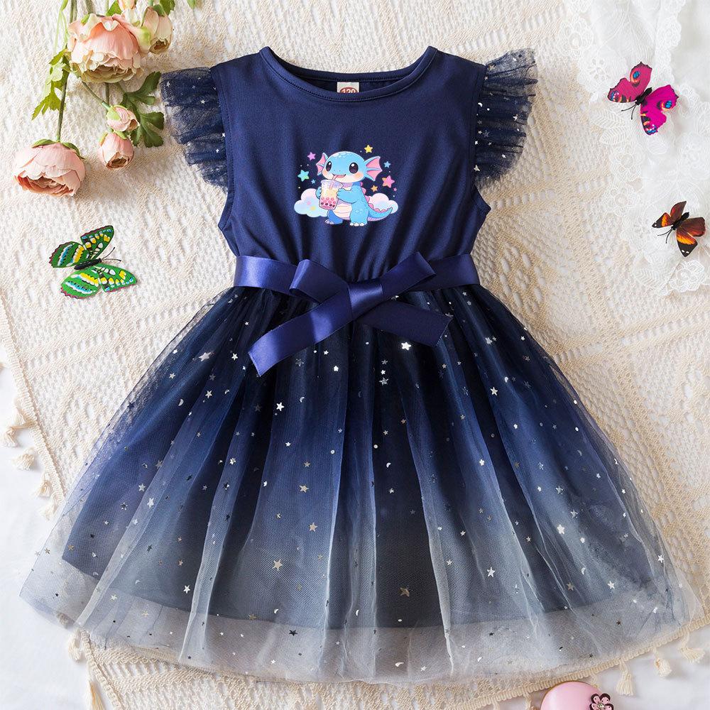 Hexagonal Dragon Princess Dress Butterfly Mesh Tutu Gown Girls Birthday Party Toddler Summer Outfit